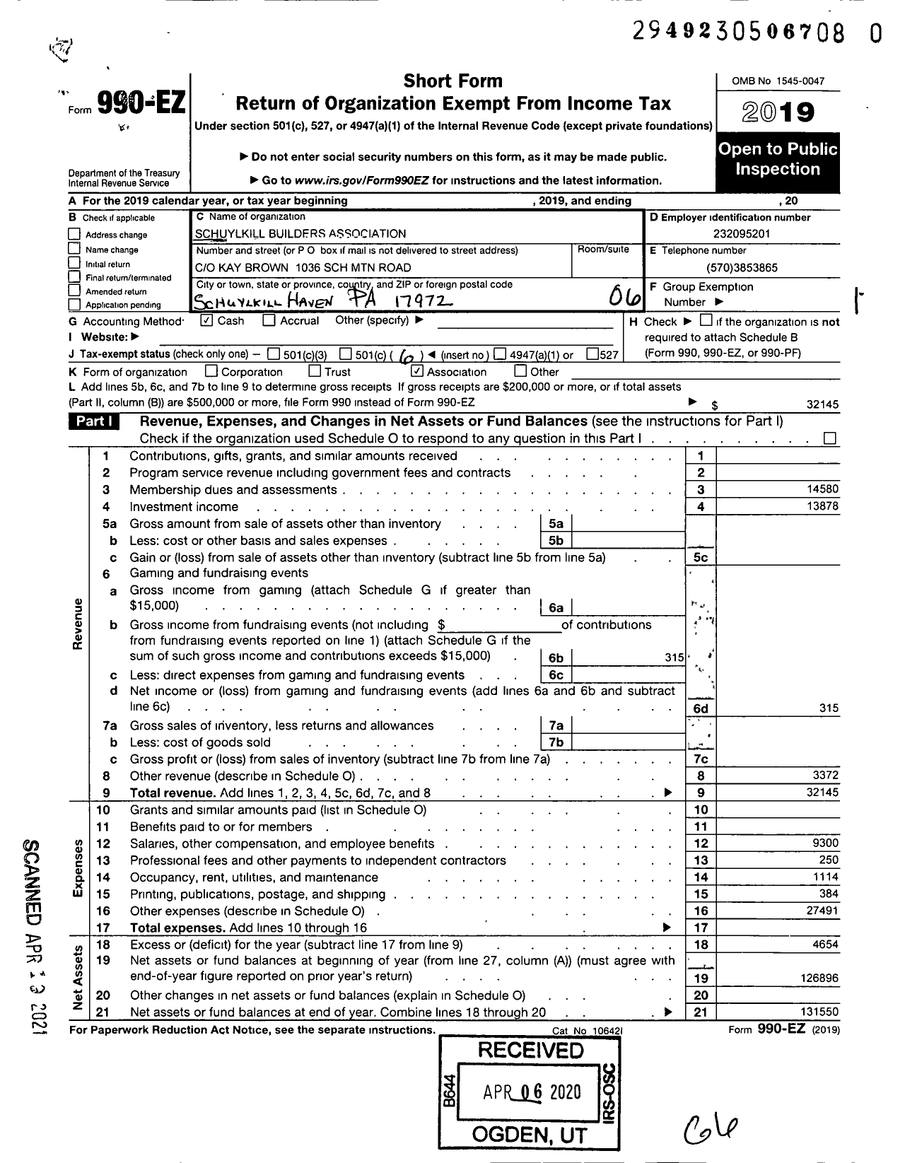 Image of first page of 2019 Form 990EO for Schuylkill Builders Association