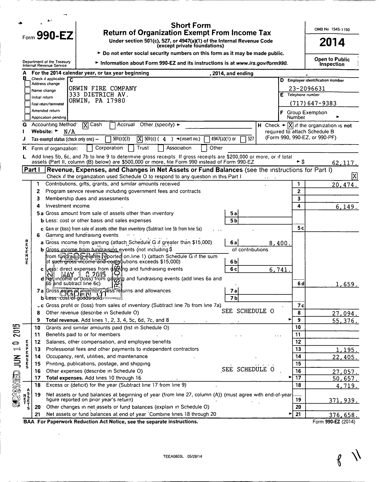 Image of first page of 2014 Form 990EO for Orwin Fire Company