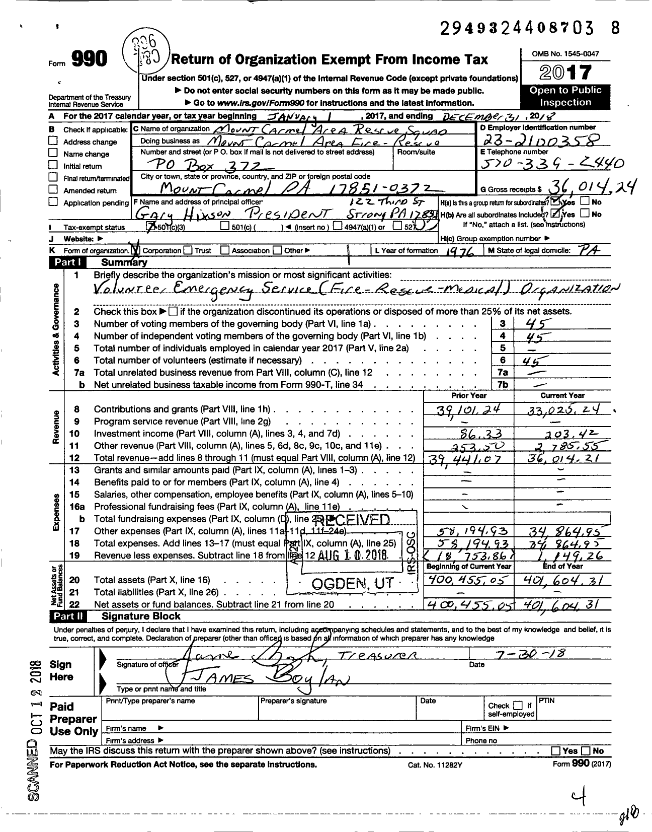 Image of first page of 2018 Form 990 for Mount Carmel Area Fire-Rescue