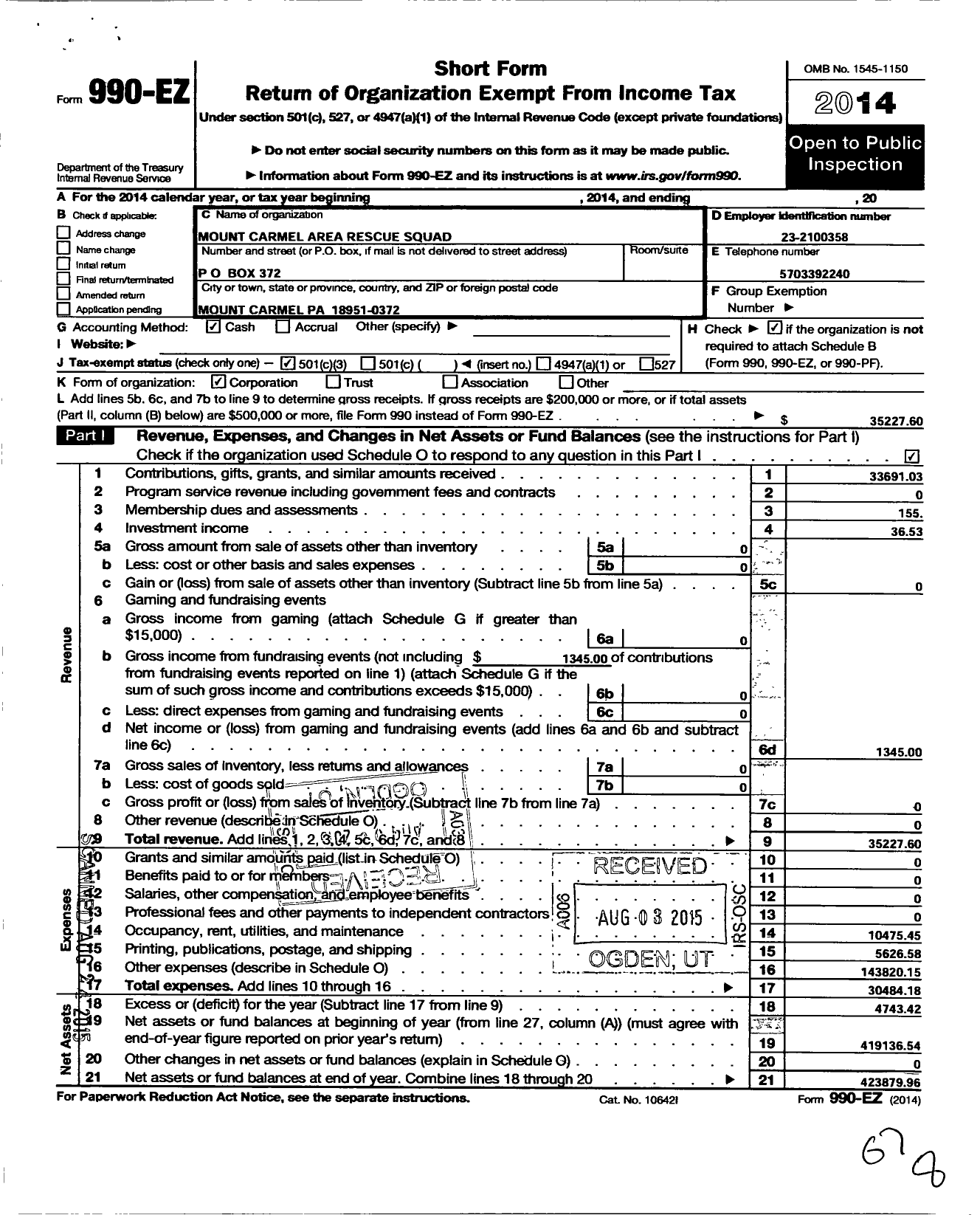 Image of first page of 2014 Form 990EZ for Mount Carmel Area Fire-Rescue