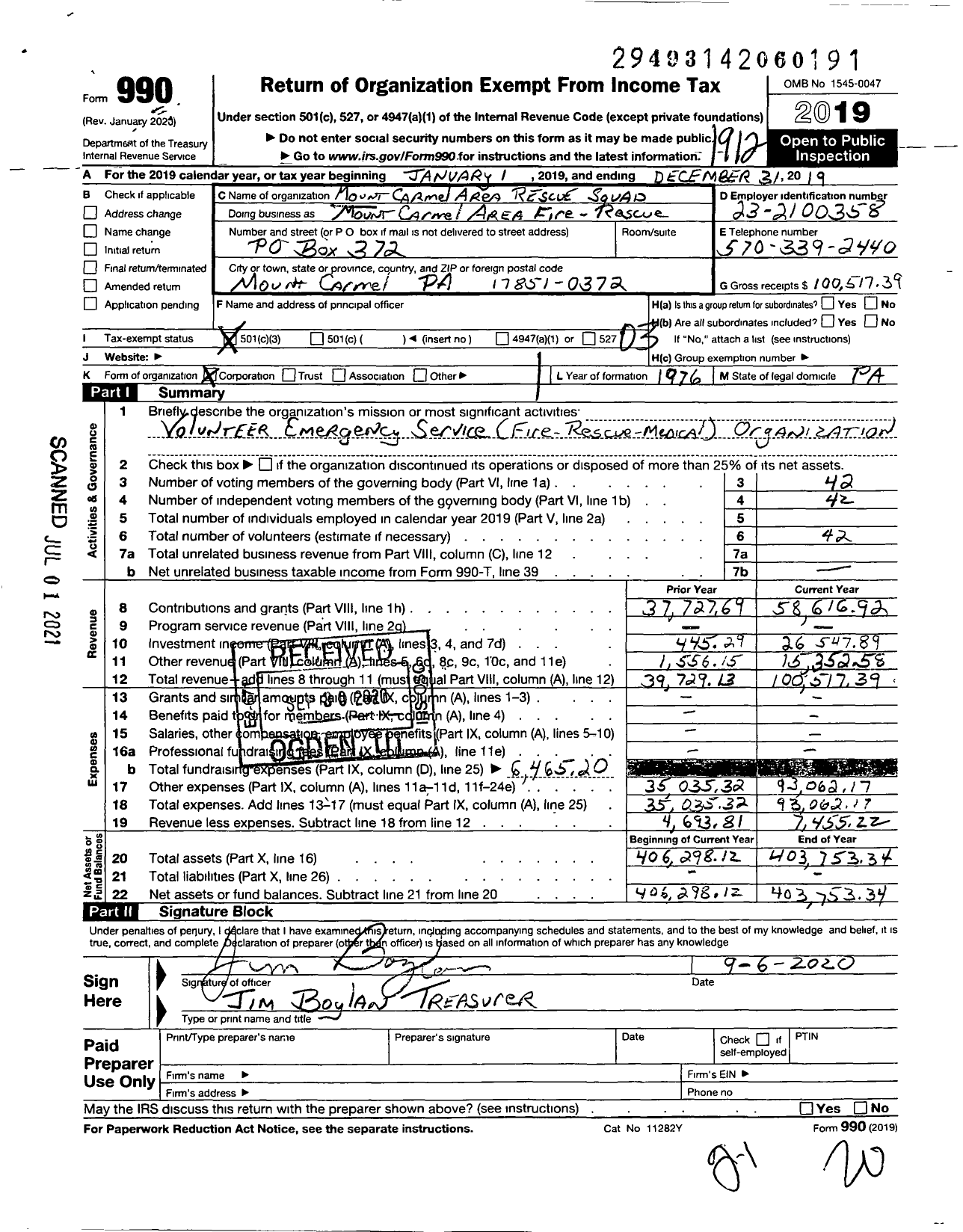 Image of first page of 2019 Form 990 for Mount Carmel Area Fire-Rescue