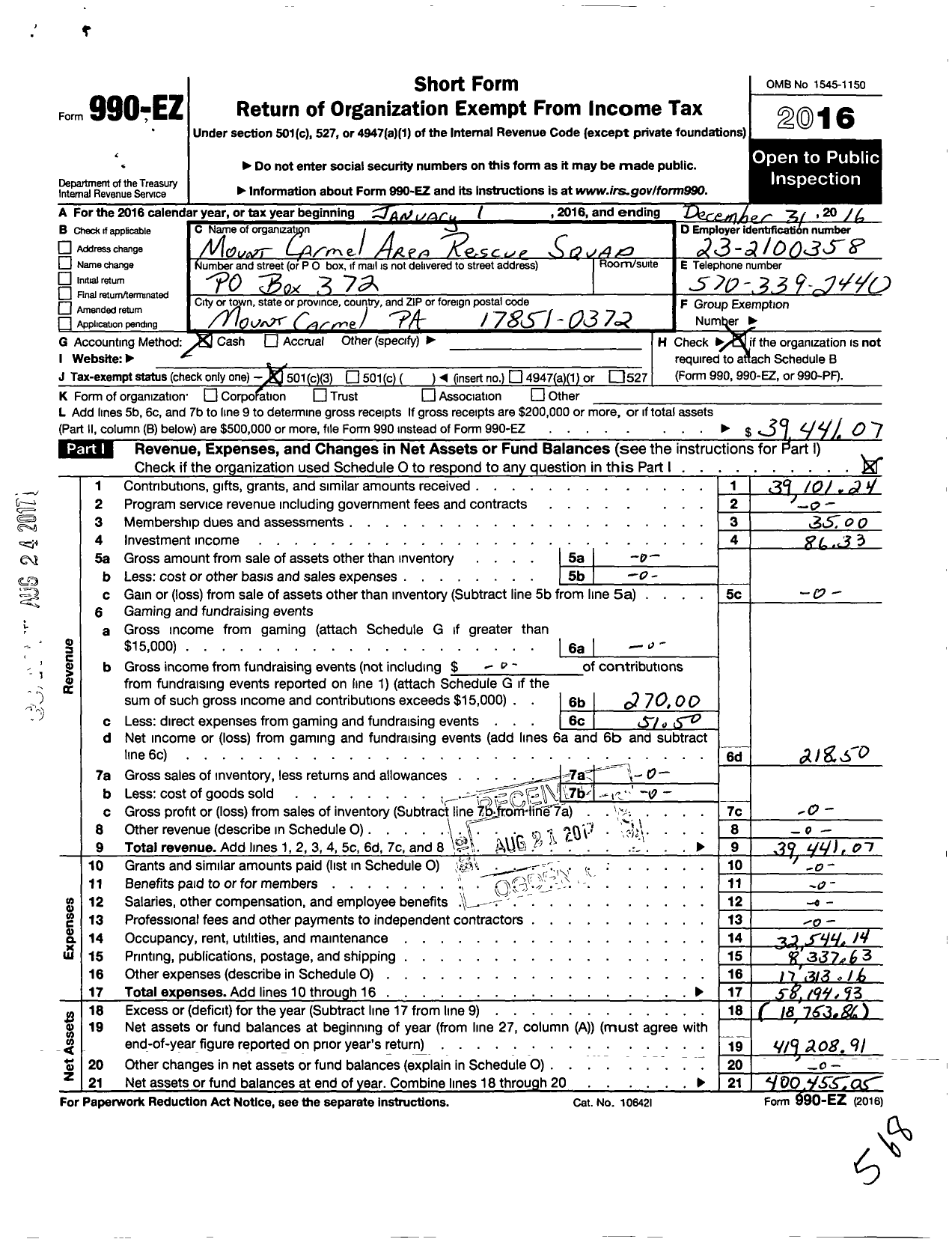 Image of first page of 2016 Form 990EZ for Mount Carmel Area Fire-Rescue