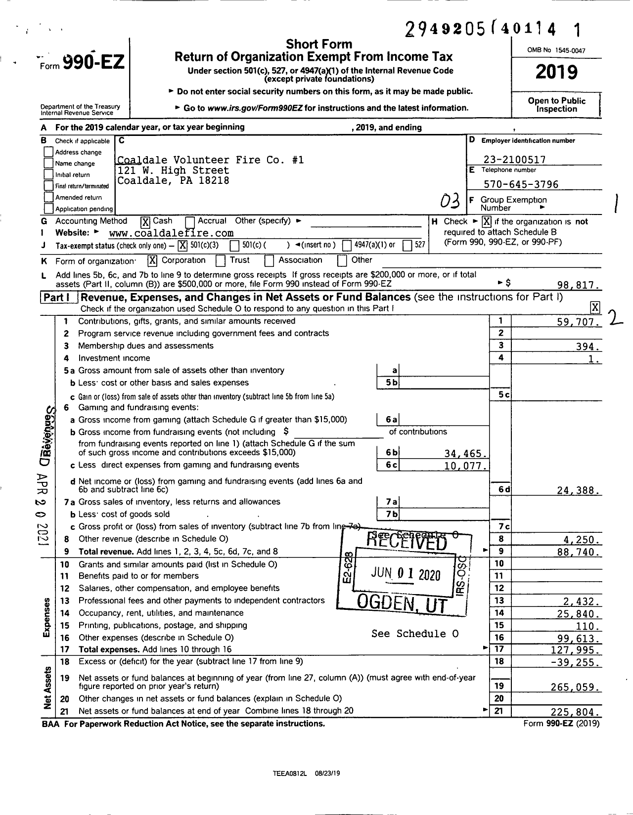 Image of first page of 2019 Form 990EZ for The Volunteer Fire Company No 1 of Coaldale Pennsylvania