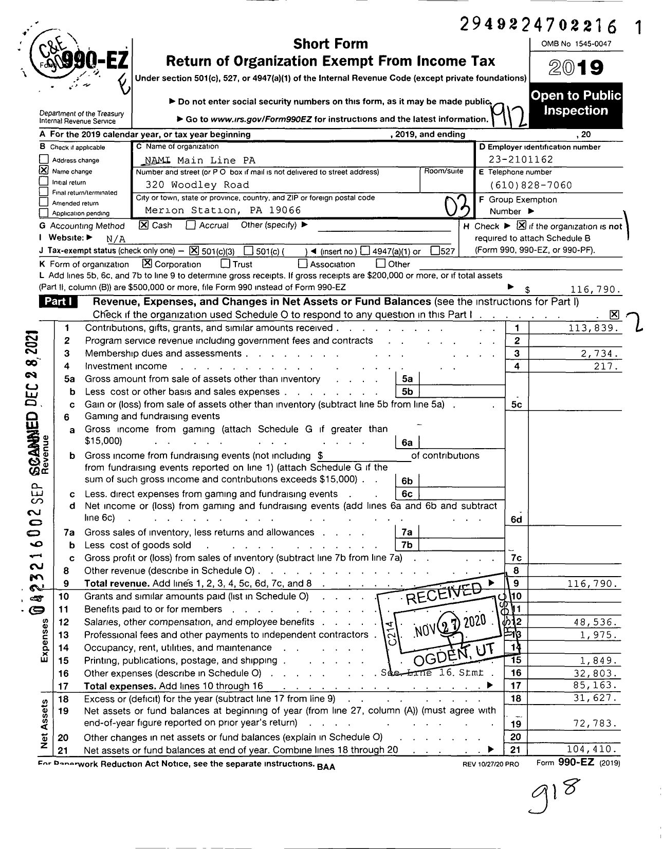 Image of first page of 2019 Form 990EZ for NAMI Main Line PA