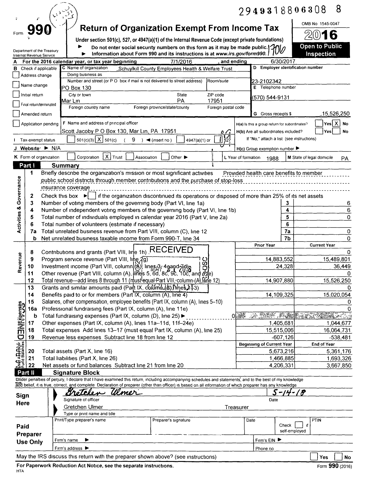 Image of first page of 2016 Form 990O for Schuylkill County Employees Health and Welfare Trust