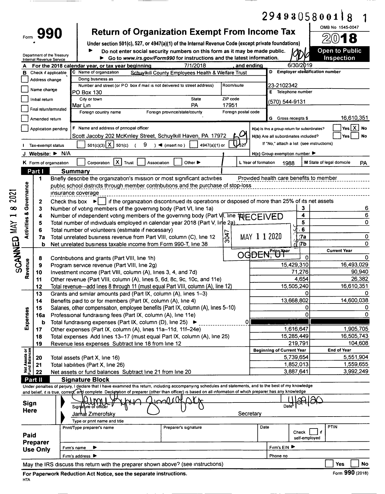 Image of first page of 2018 Form 990O for Schuylkill County Employees Health and Welfare Trust