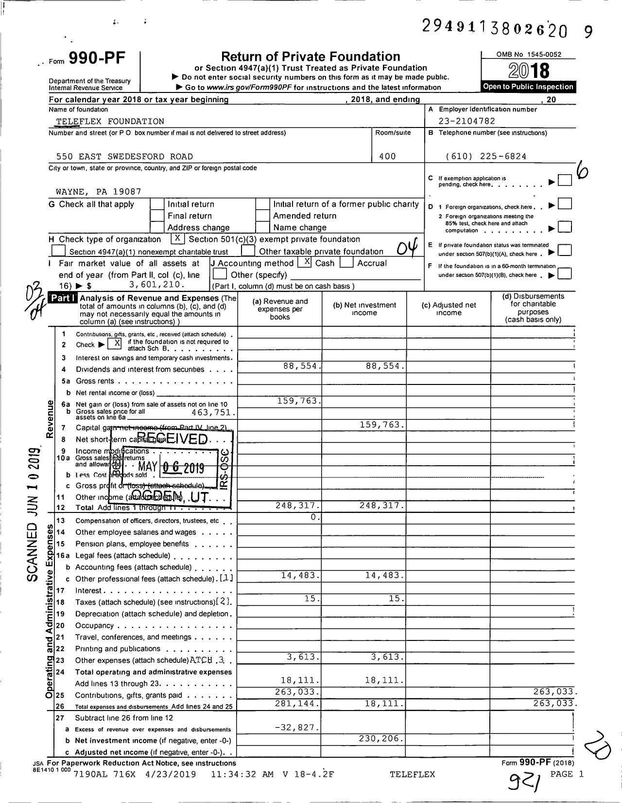 Image of first page of 2018 Form 990PF for Teleflex Foundation