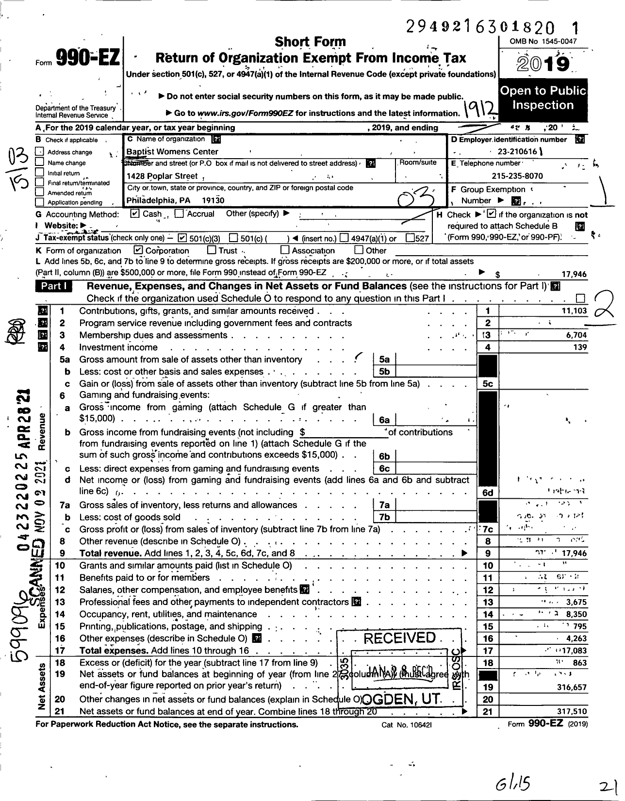 Image of first page of 2019 Form 990EZ for Baptist Womens Center of Philadelphia