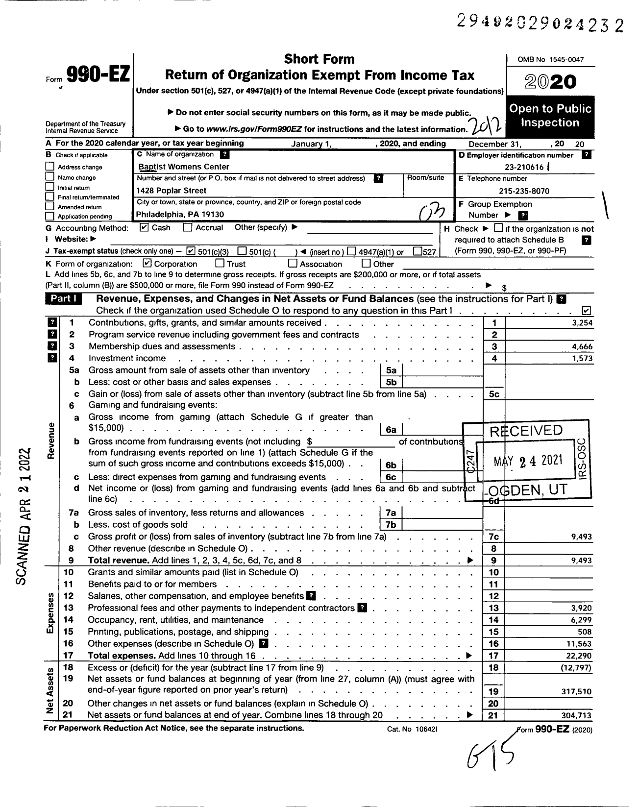 Image of first page of 2020 Form 990EZ for Baptist Womens Center of Philadelphia