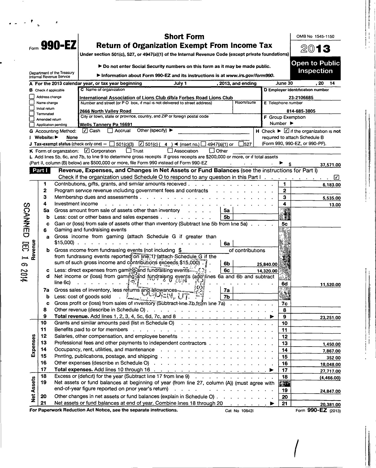 Image of first page of 2013 Form 990EO for Lions Clubs - Forbes Road Lions Club