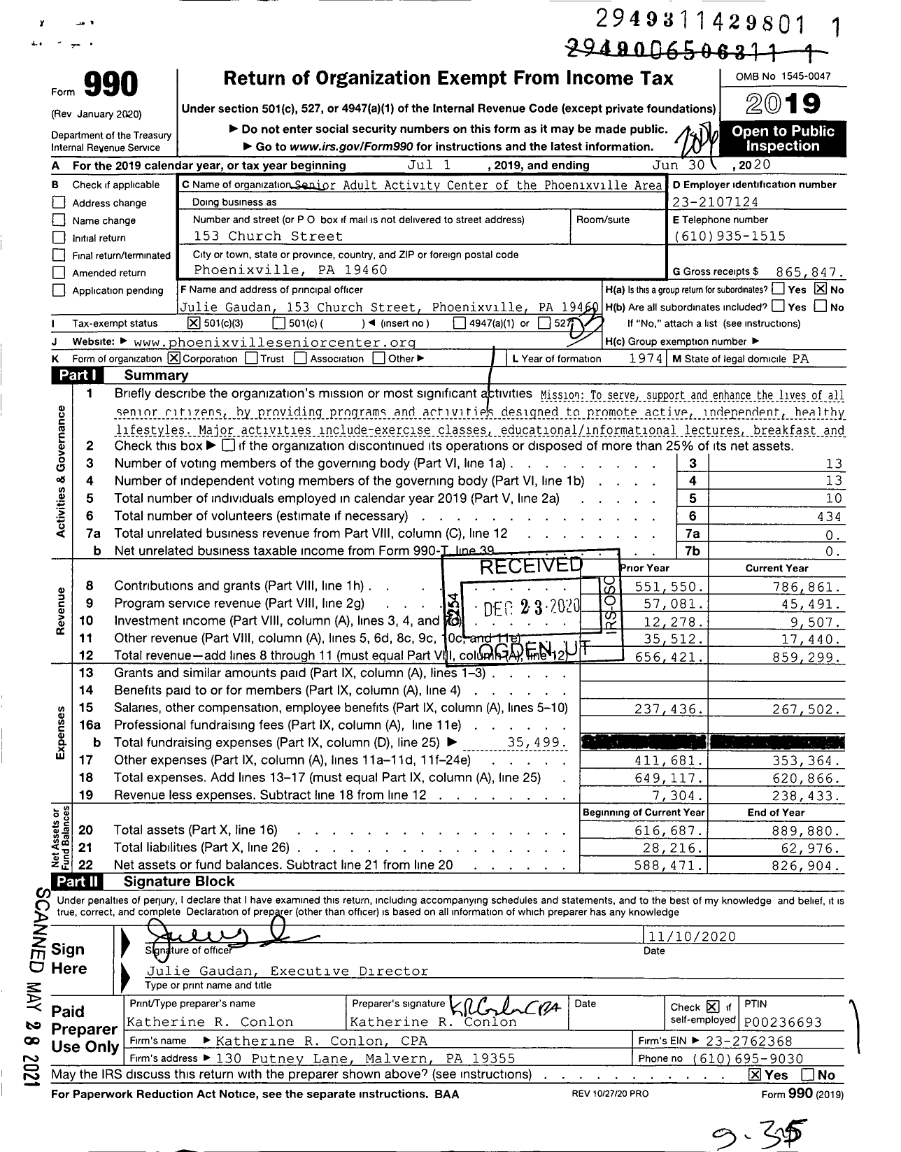 Image of first page of 2019 Form 990 for Senior Adult Activity Center of the Phoenixville Area