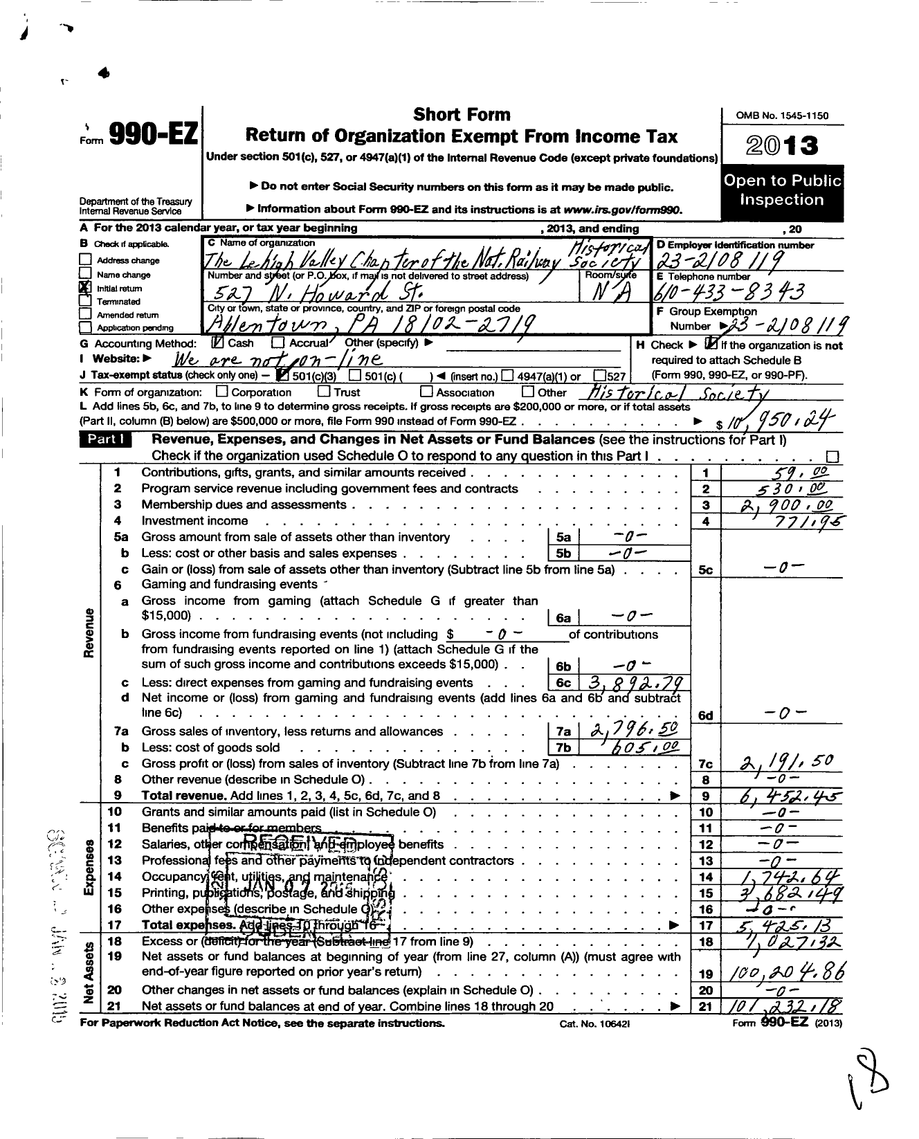 Image of first page of 2013 Form 990EZ for The Lehigh Valley Chapter of the National Railway Historical Society