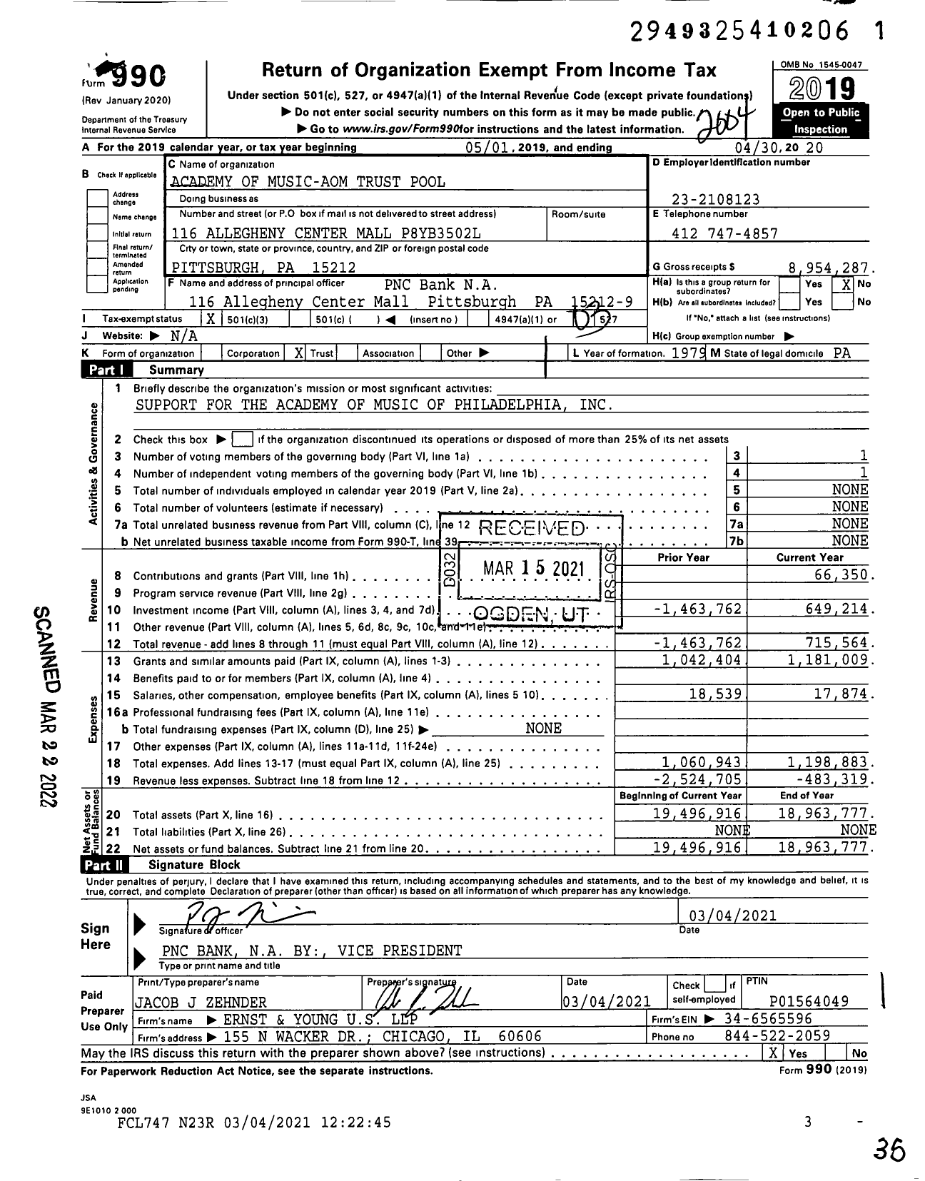 Image of first page of 2019 Form 990 for Academy of Music-Aom Trust Pool