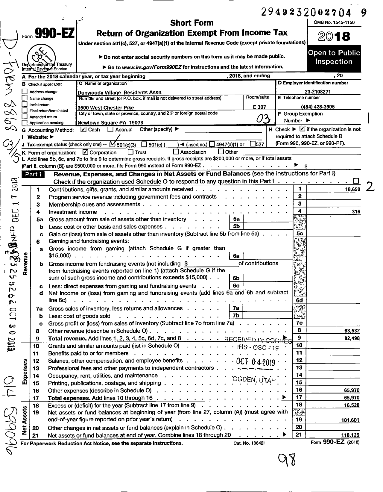 Image of first page of 2018 Form 990EZ for Dunwoody Village Residents Association