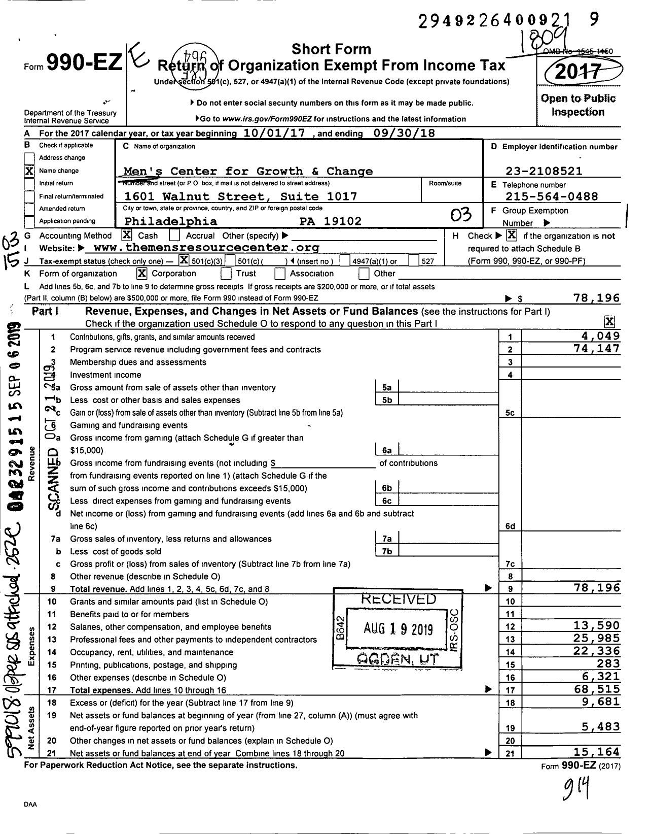 Image of first page of 2017 Form 990EZ for Men's Center for Growth and Change