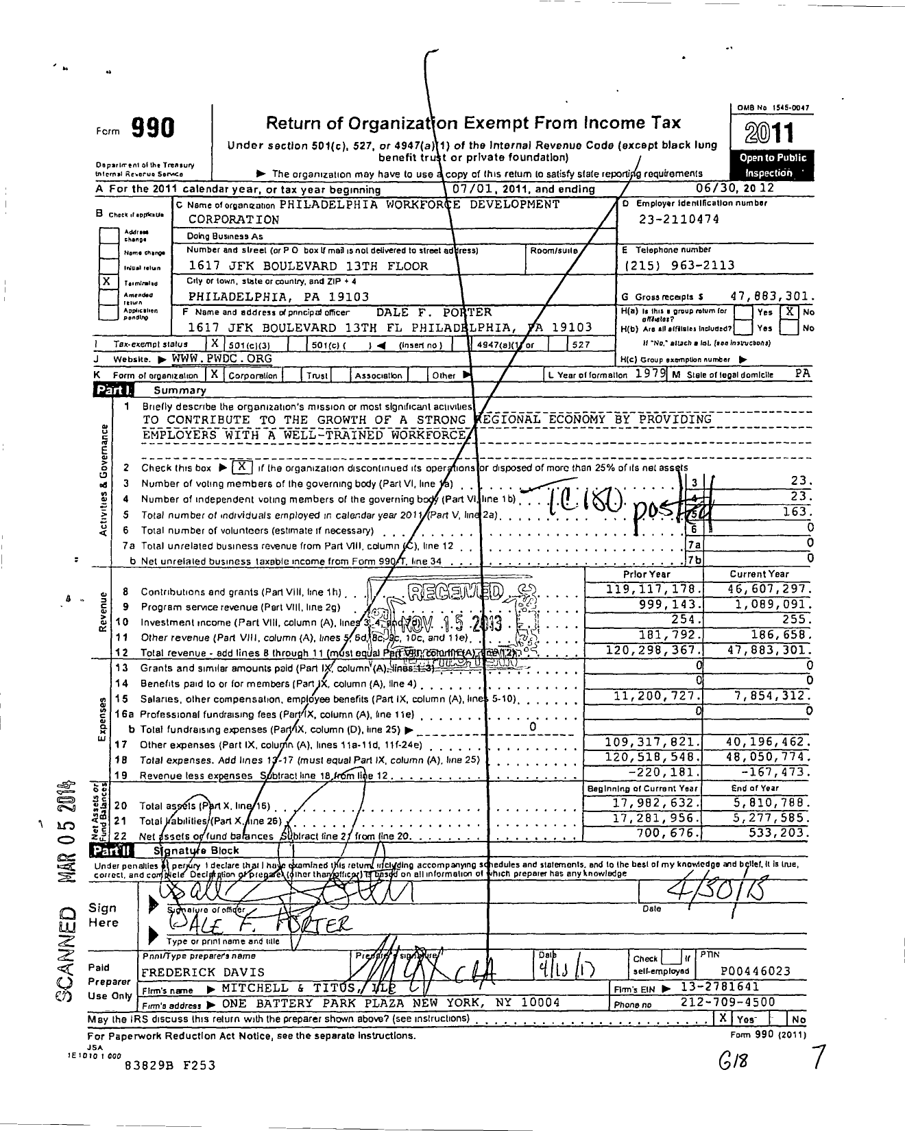 Image of first page of 2011 Form 990 for Philadelphia Workforce Development Corporation