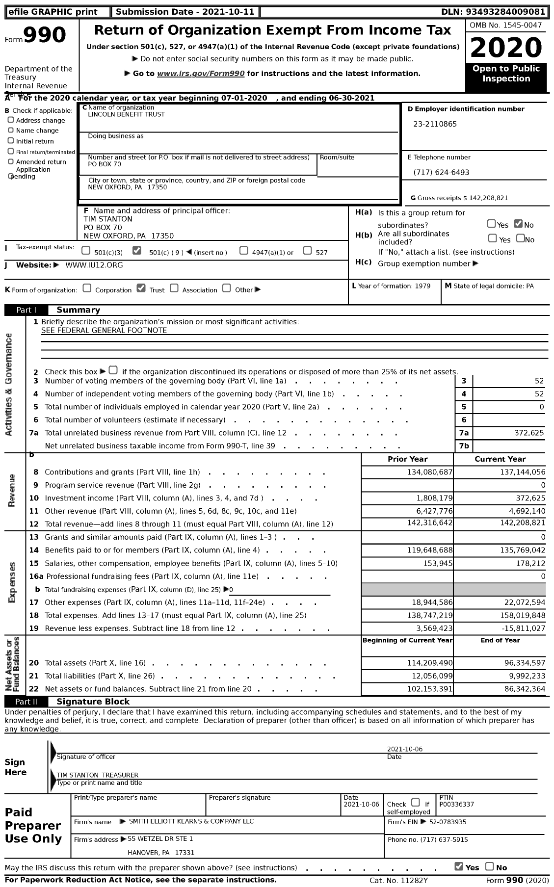 Image of first page of 2020 Form 990 for Lincoln Benefit Trust