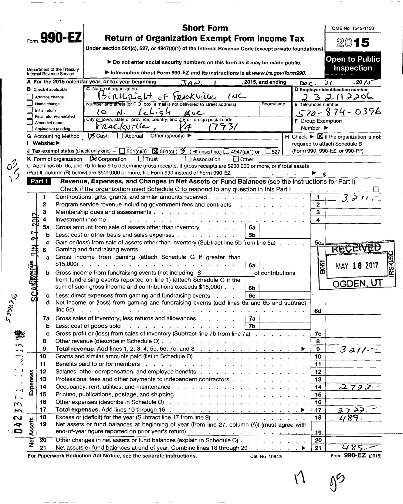 Image of first page of 2015 Form 990EZ for Birthright of Frackville