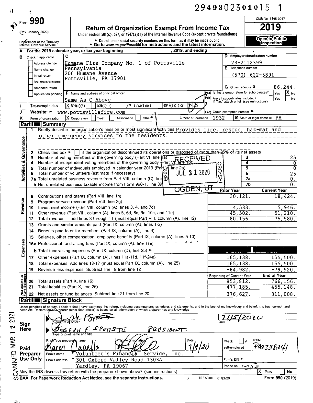 Image of first page of 2019 Form 990 for Humane Fire Company No 1 of Pottsville Pennsylvania