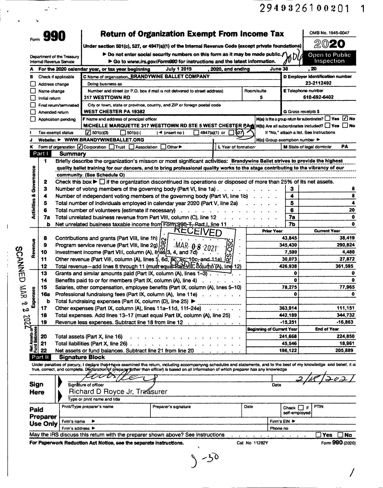 Image of first page of 2019 Form 990 for Brandywine Ballet Company