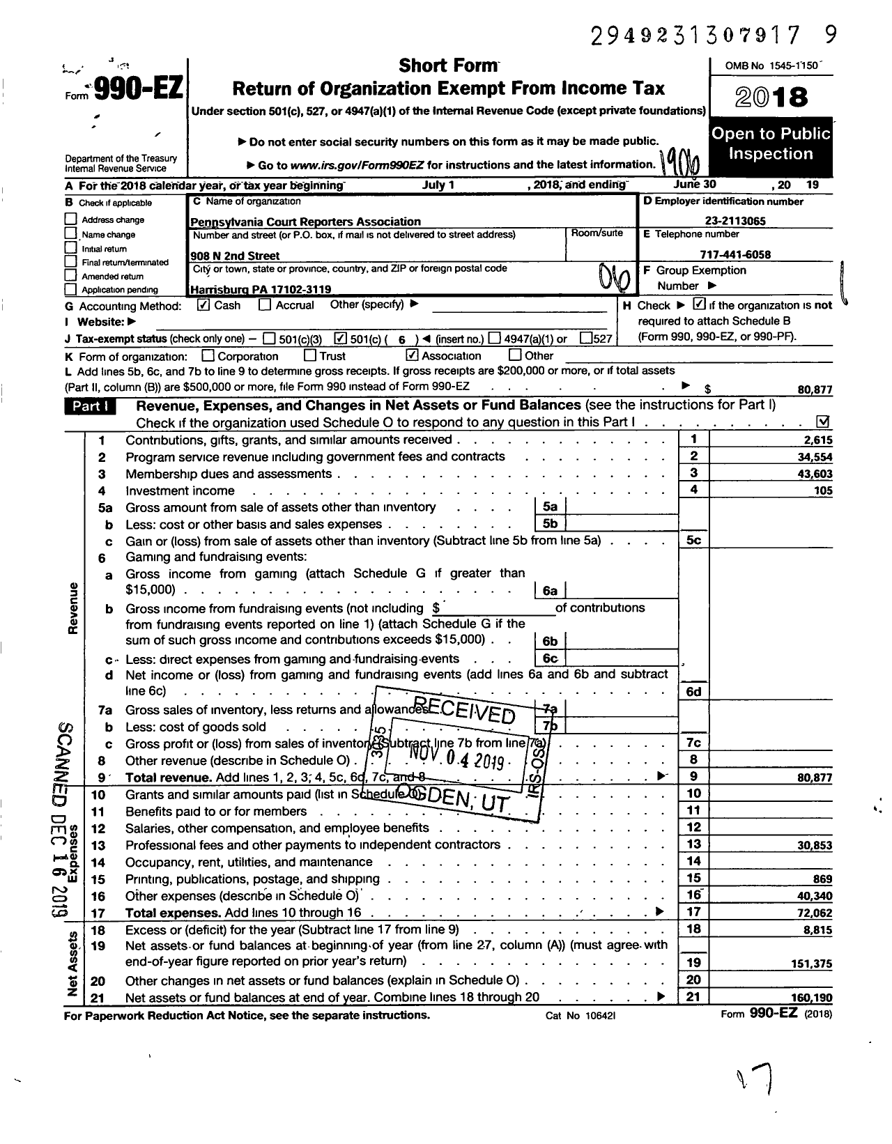 Image of first page of 2018 Form 990EO for Pennsylvania Court Reporters Association