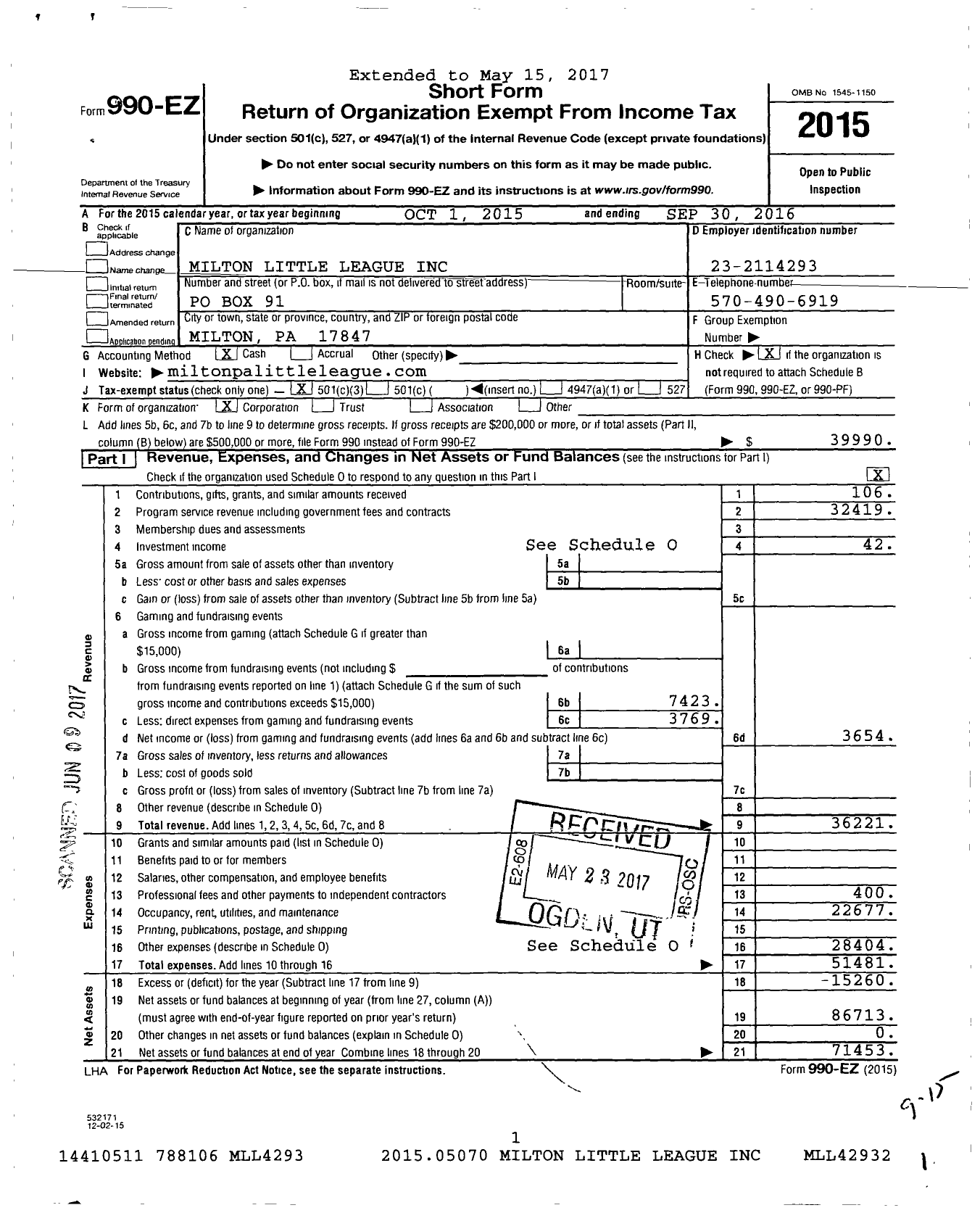 Image of first page of 2015 Form 990EZ for Little League Baseball - 2381307 Milton LL