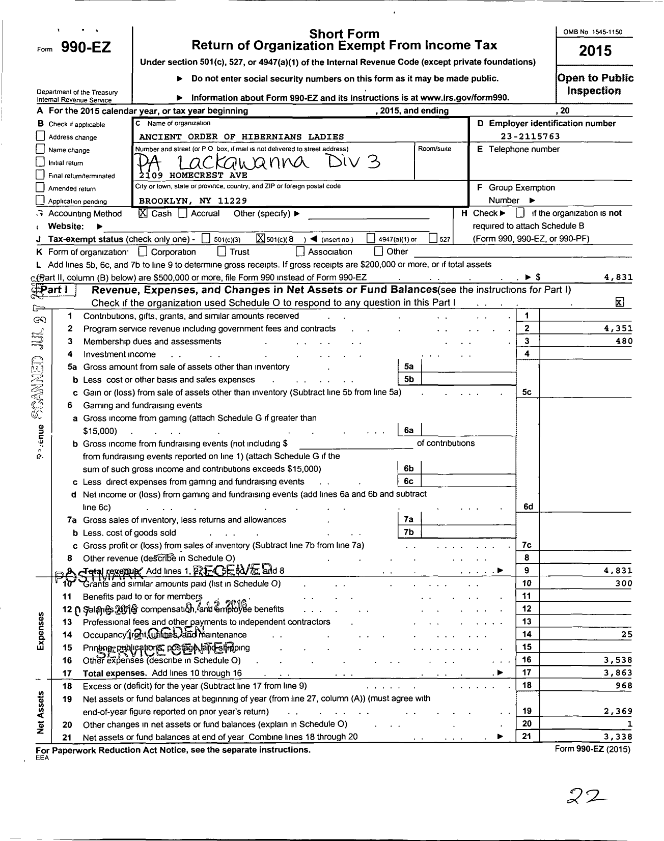 Image of first page of 2015 Form 990EO for Ancient Order of Hibernians Ladies / Pa Lackawanna Div 3