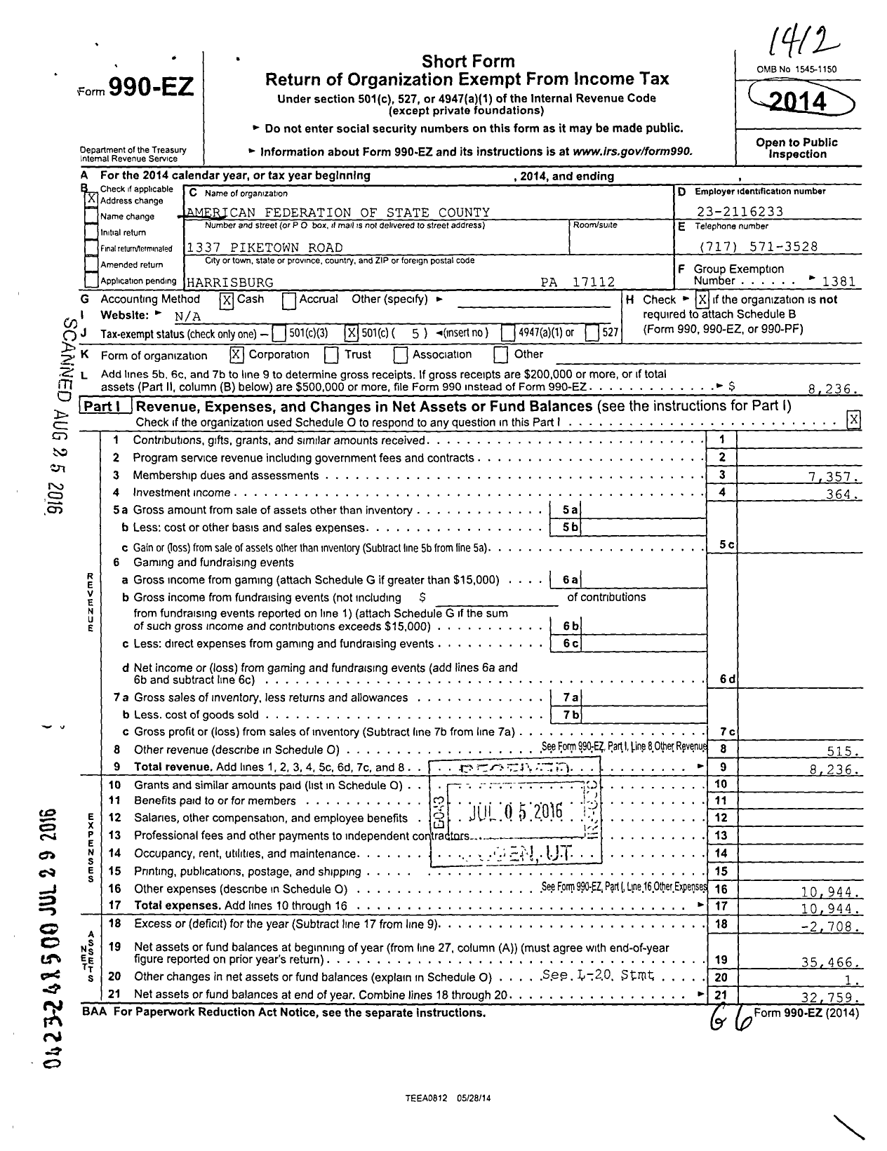 Image of first page of 2014 Form 990EO for American Federation of State County & Municipal Employees - L3033pa Dept of Transport Dauphin