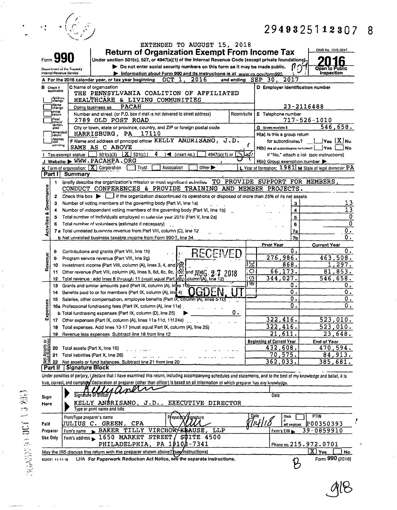 Image of first page of 2016 Form 990O for Pacah