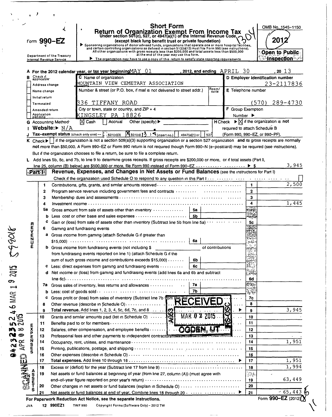 Image of first page of 2012 Form 990EO for Mountain View Cemetery Association