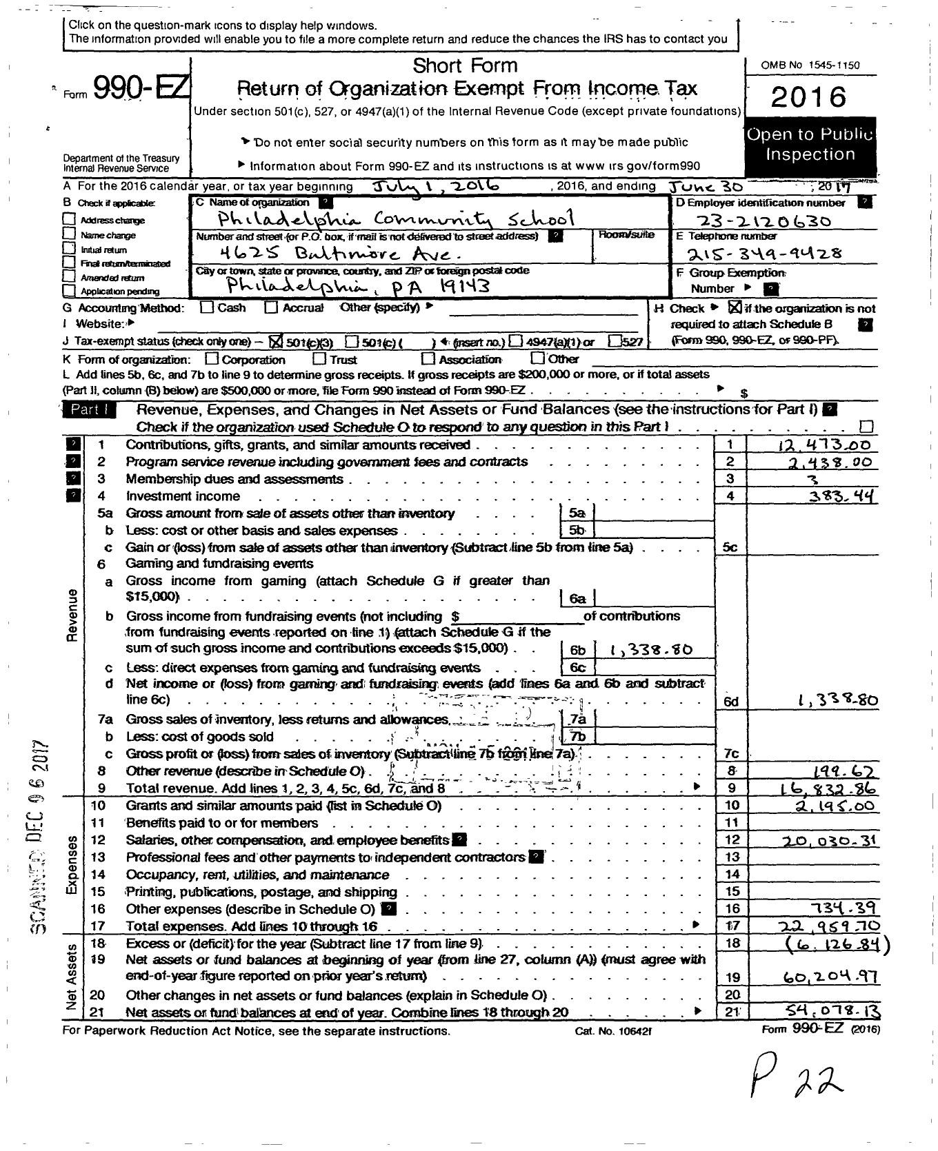 Image of first page of 2016 Form 990EZ for Philadelphia Community School