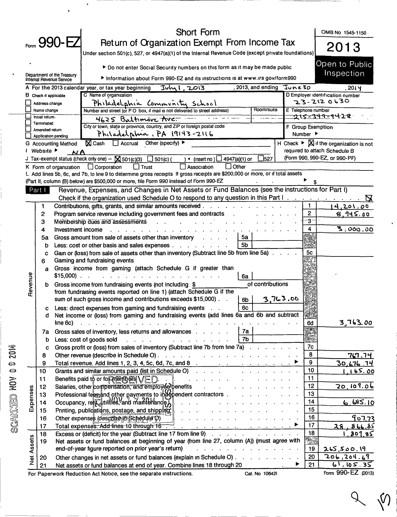 Image of first page of 2013 Form 990EZ for Philadelphia Community School