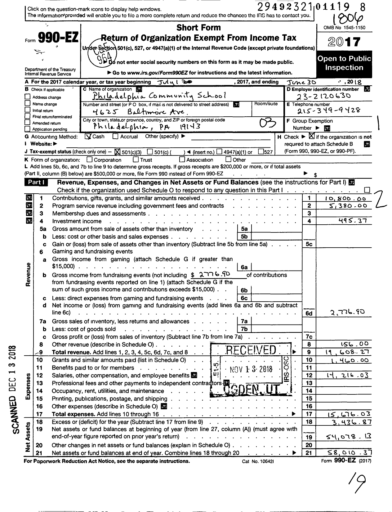 Image of first page of 2017 Form 990EZ for Philadelphia Community School