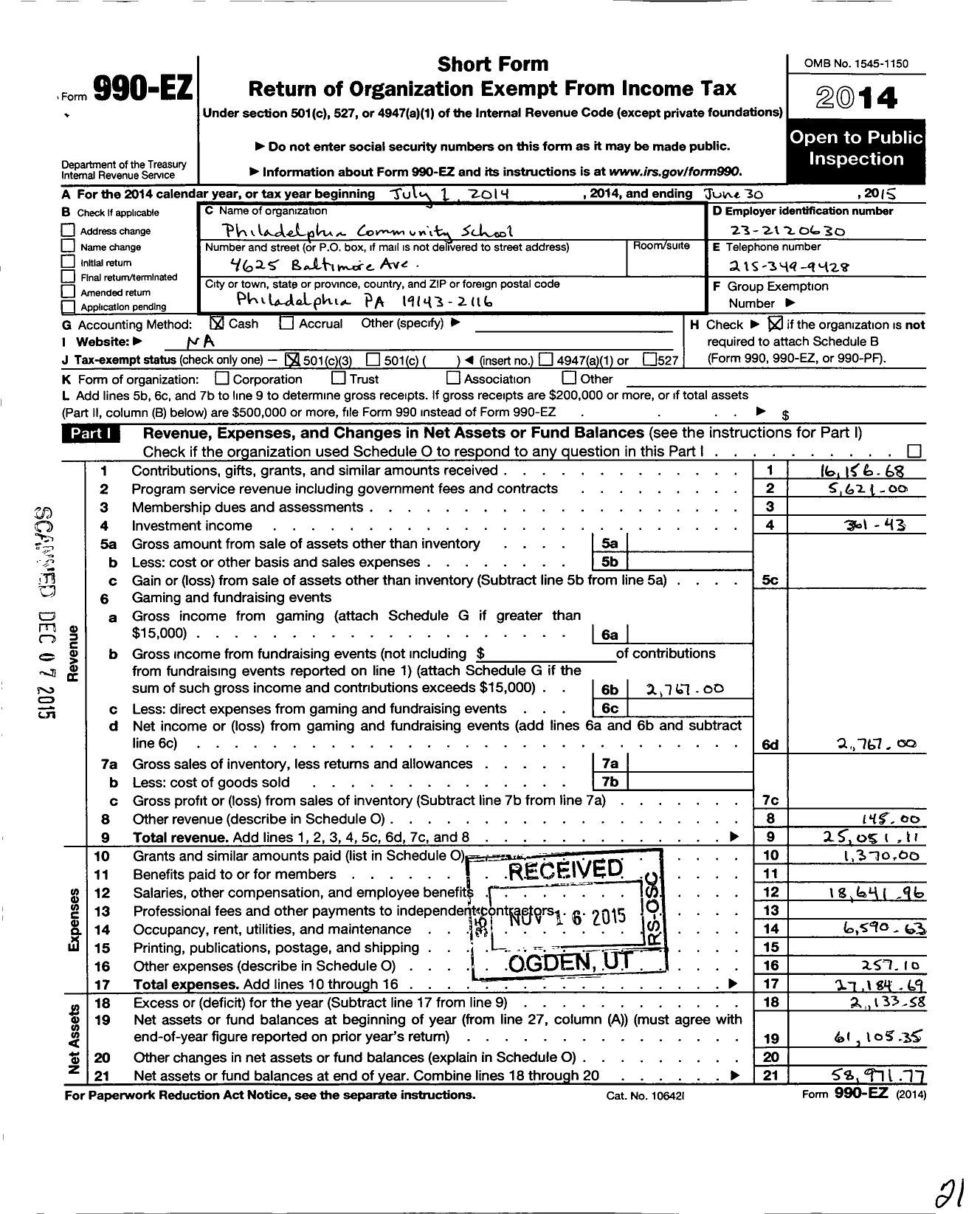 Image of first page of 2014 Form 990EZ for Philadelphia Community School