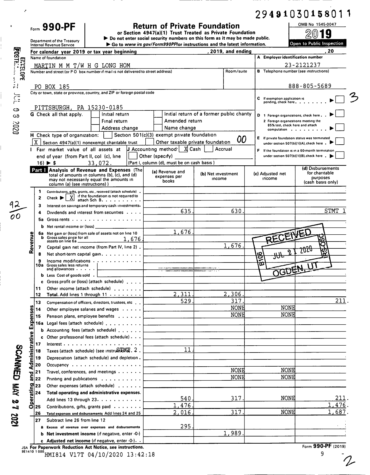 Image of first page of 2019 Form 990PF for Martin M M TW H G Long Hom