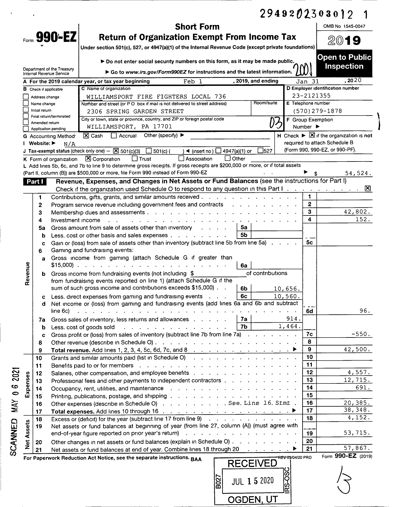 Image of first page of 2019 Form 990EZ for International Association of Fire Fighters - L0736 Williamsport