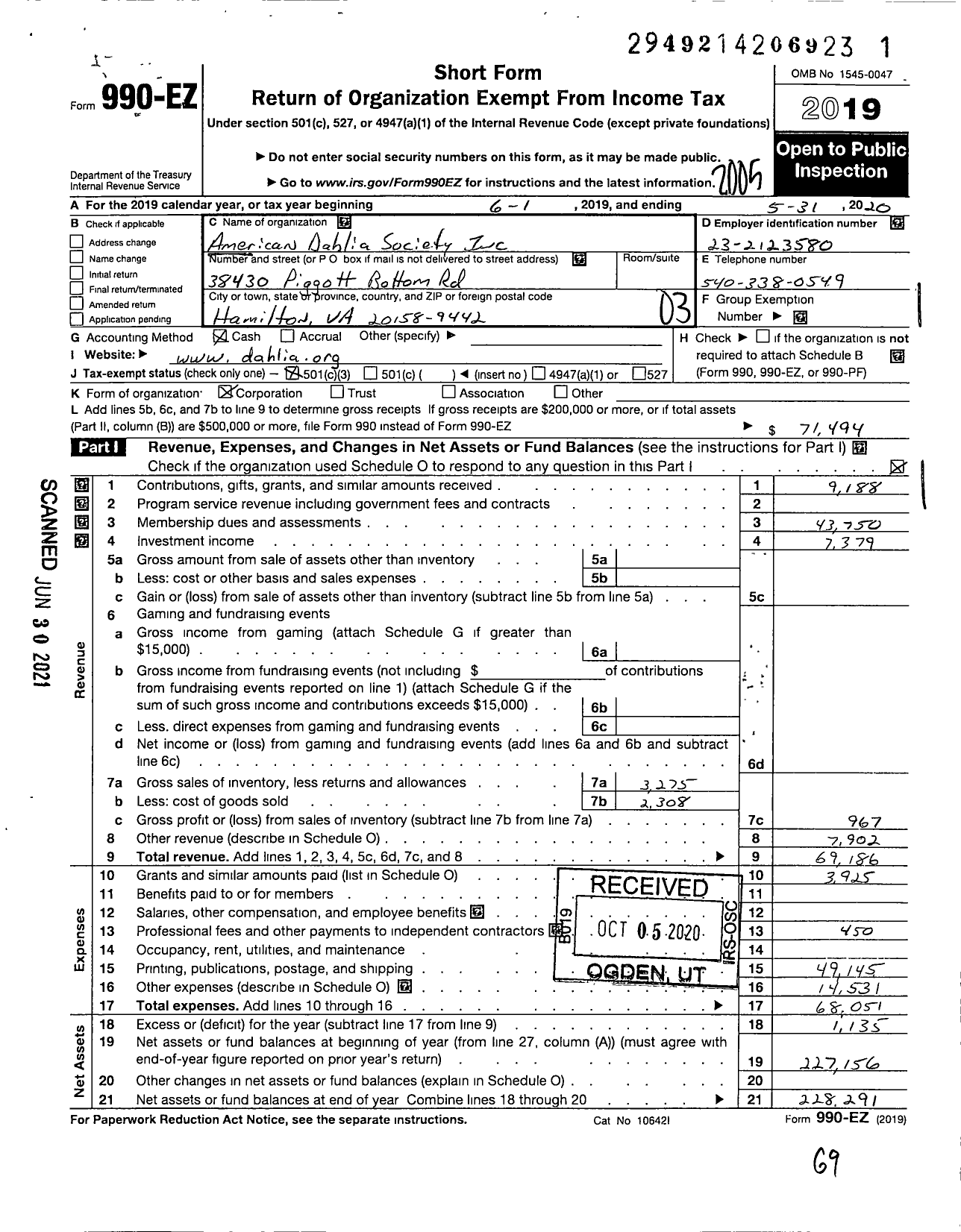 Image of first page of 2019 Form 990EZ for American Dahlia Society