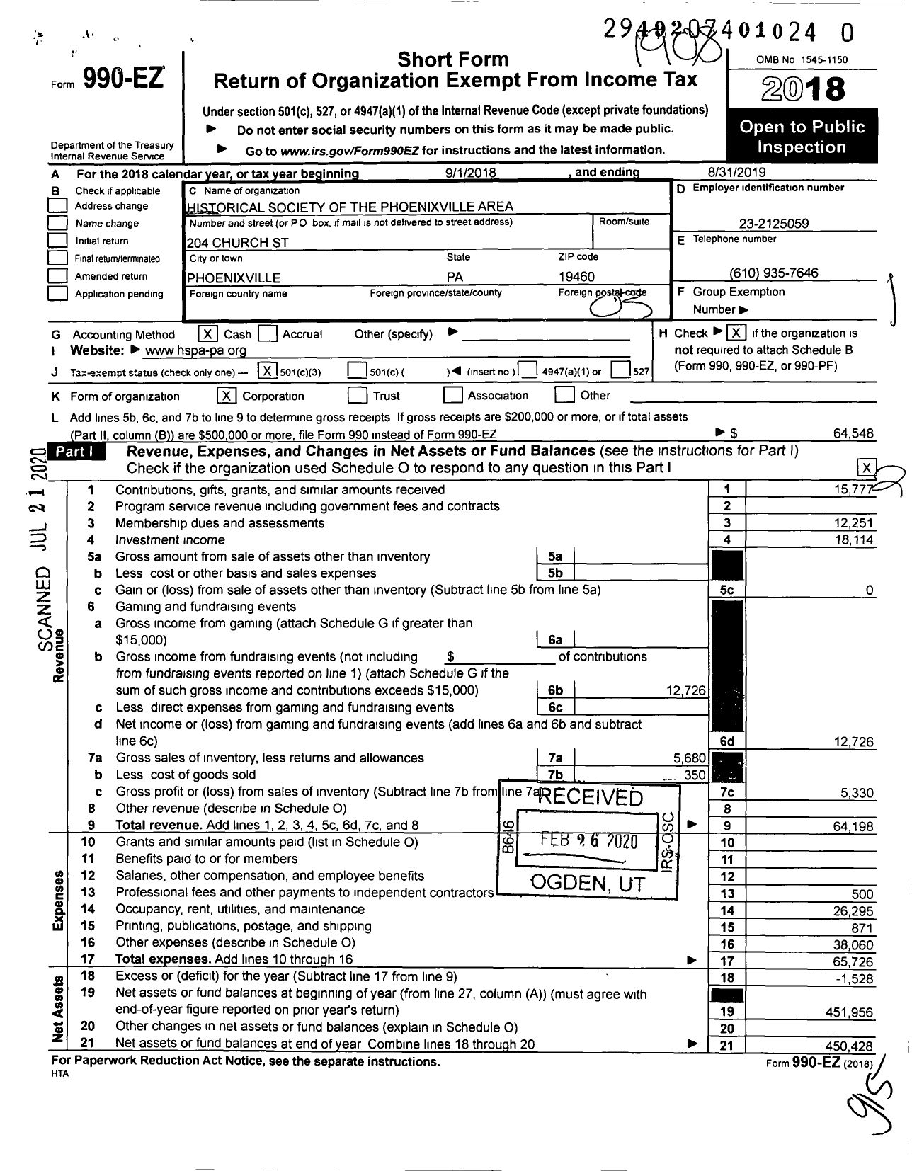 Image of first page of 2018 Form 990EZ for Historical Society of the Phoenixville Area