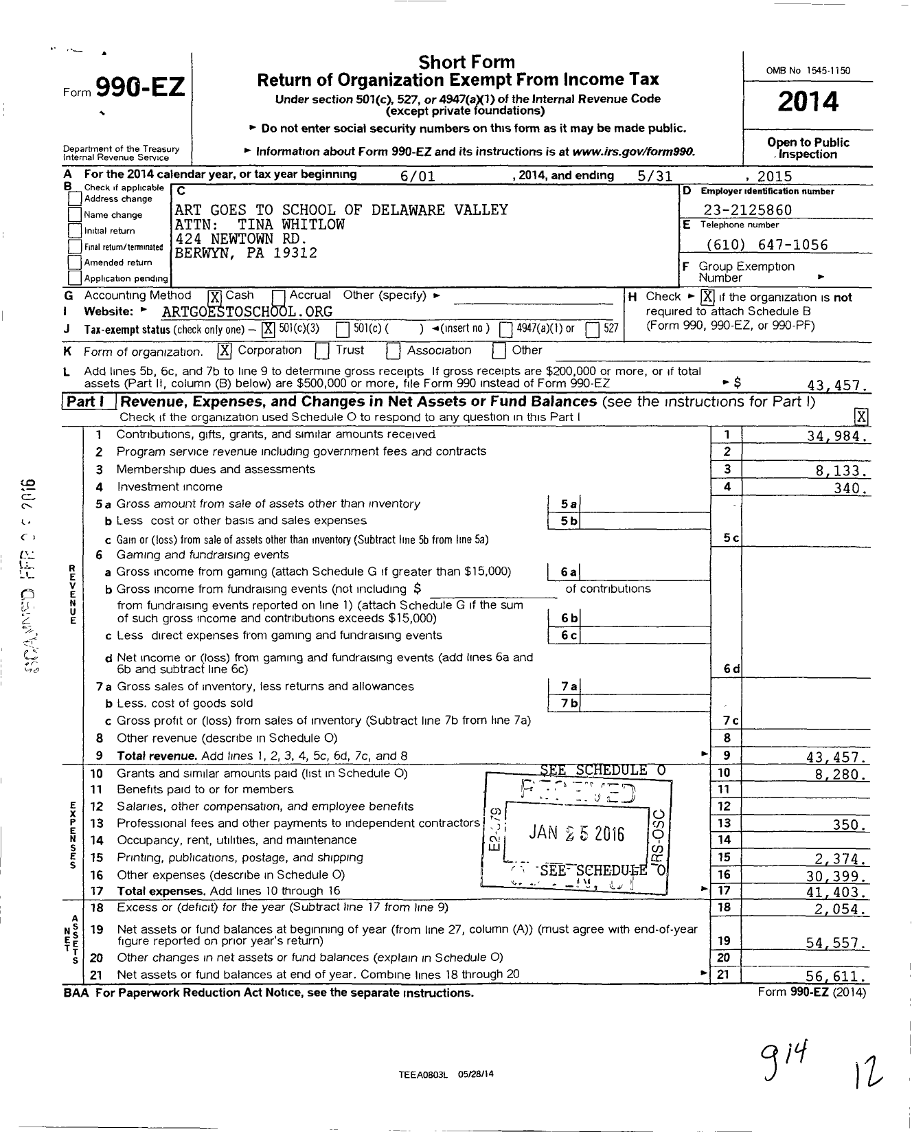 Image of first page of 2014 Form 990EZ for Art Goes To School of Delaware Valley