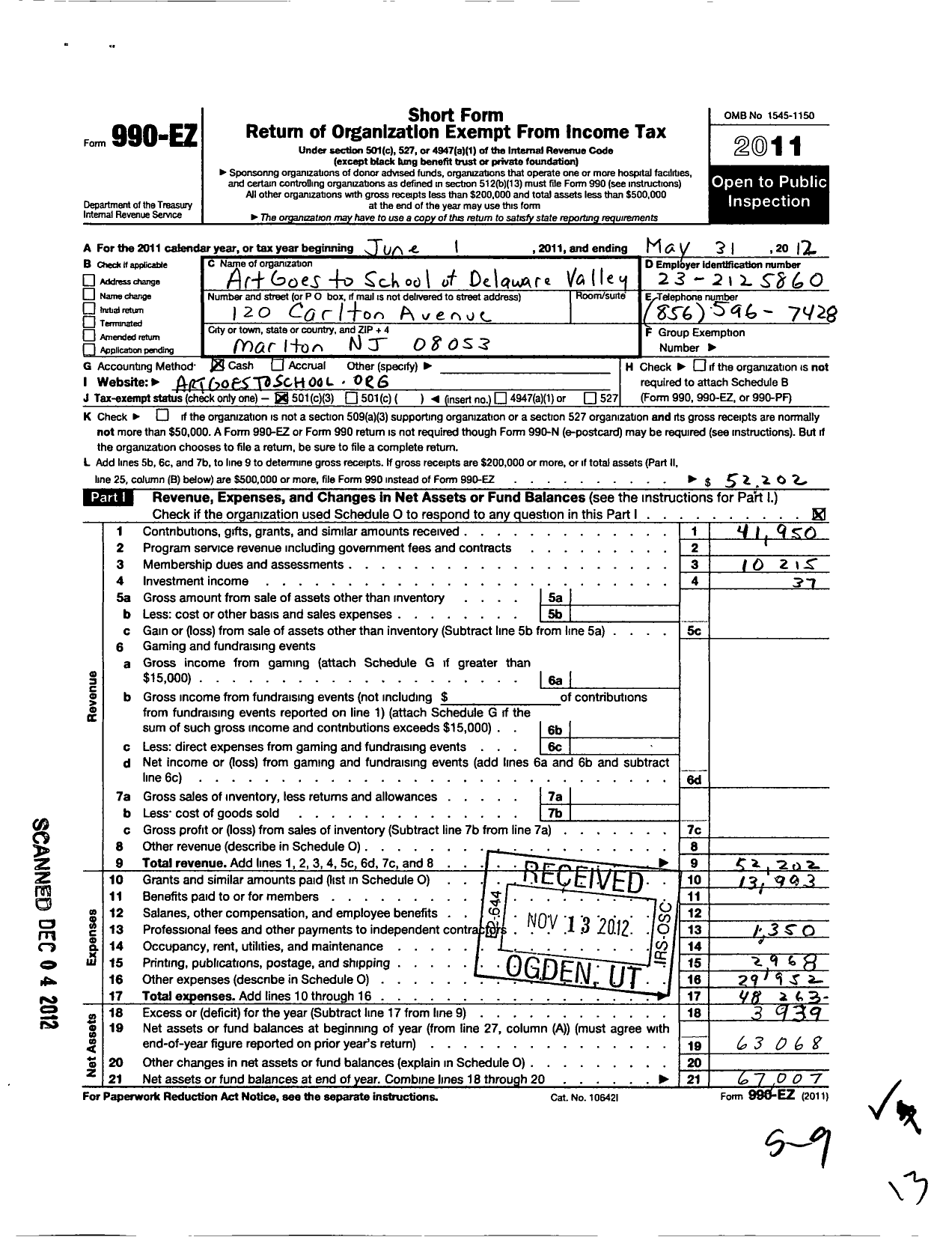 Image of first page of 2011 Form 990EZ for Art Goes To School of Delaware Valley