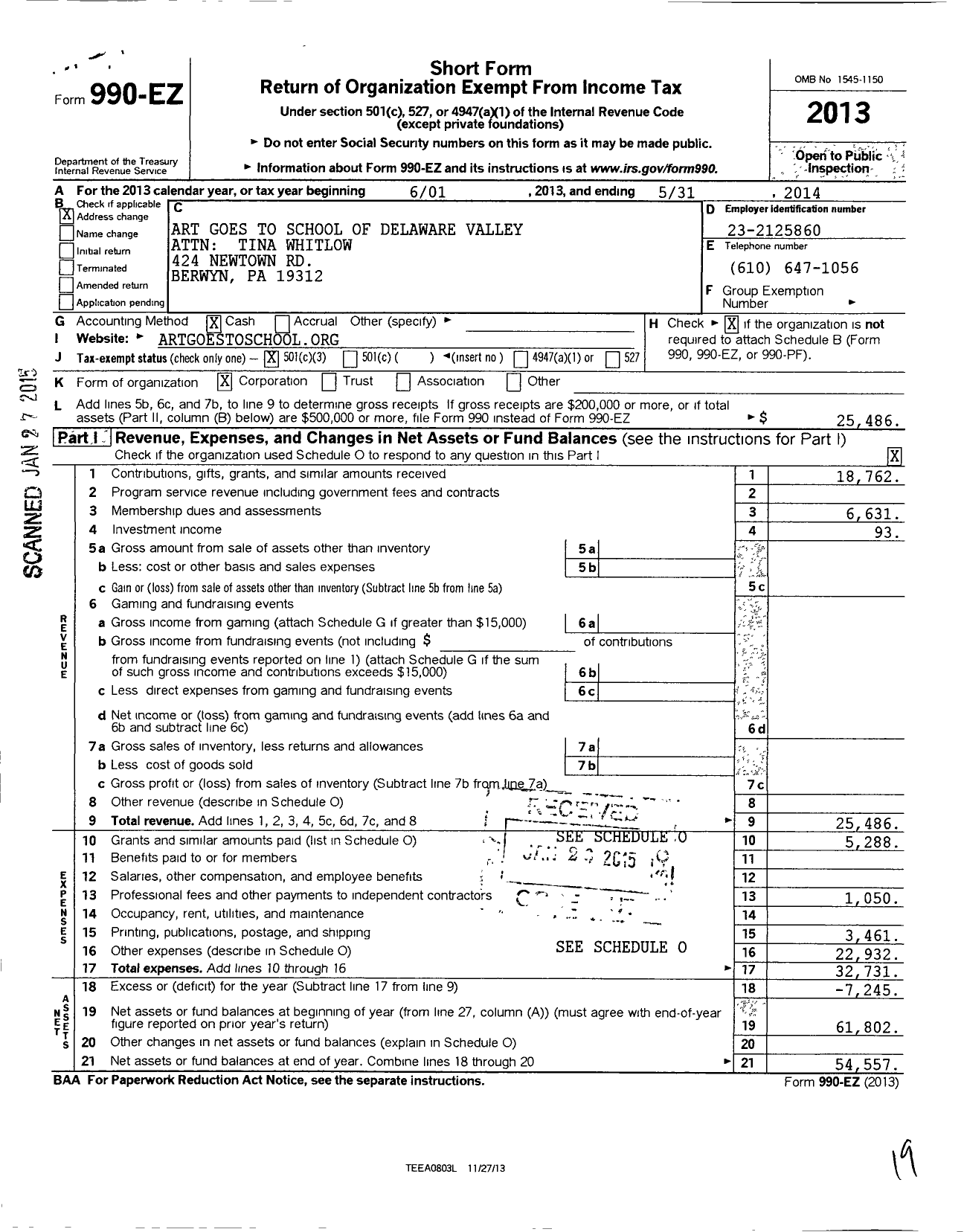 Image of first page of 2013 Form 990EZ for Art Goes To School of Delaware Valley