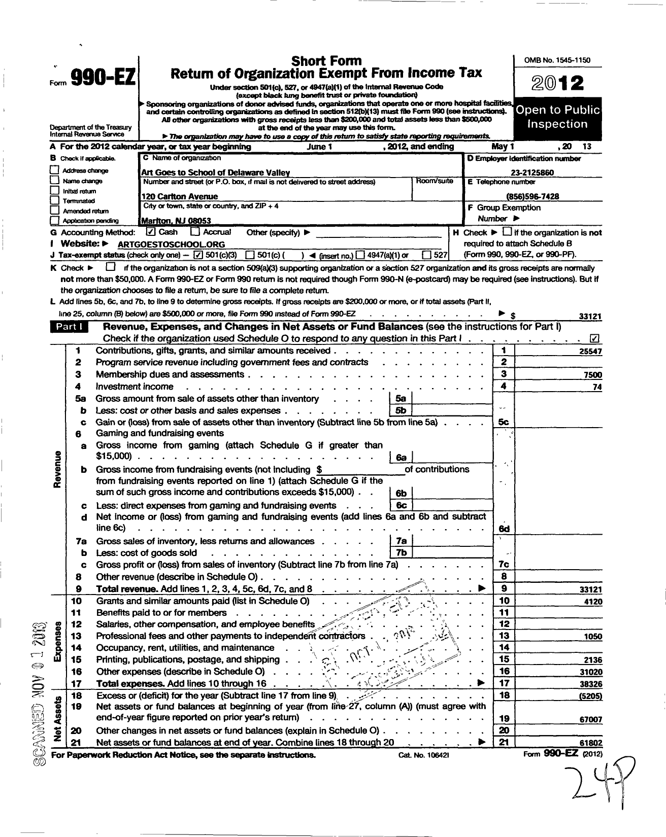 Image of first page of 2012 Form 990EZ for Art Goes To School of Delaware Valley