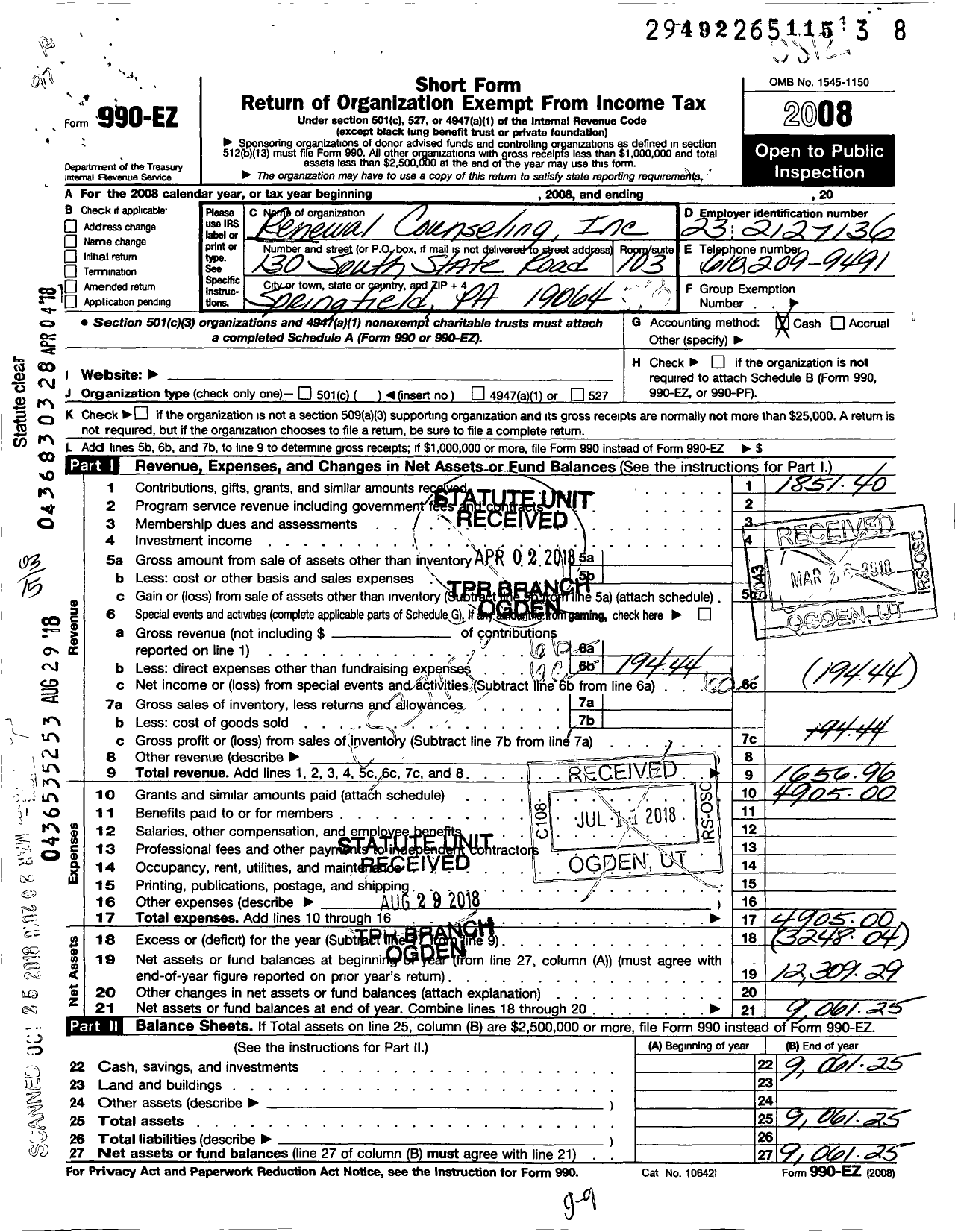 Image of first page of 2008 Form 990EZ for Renewal Counseling