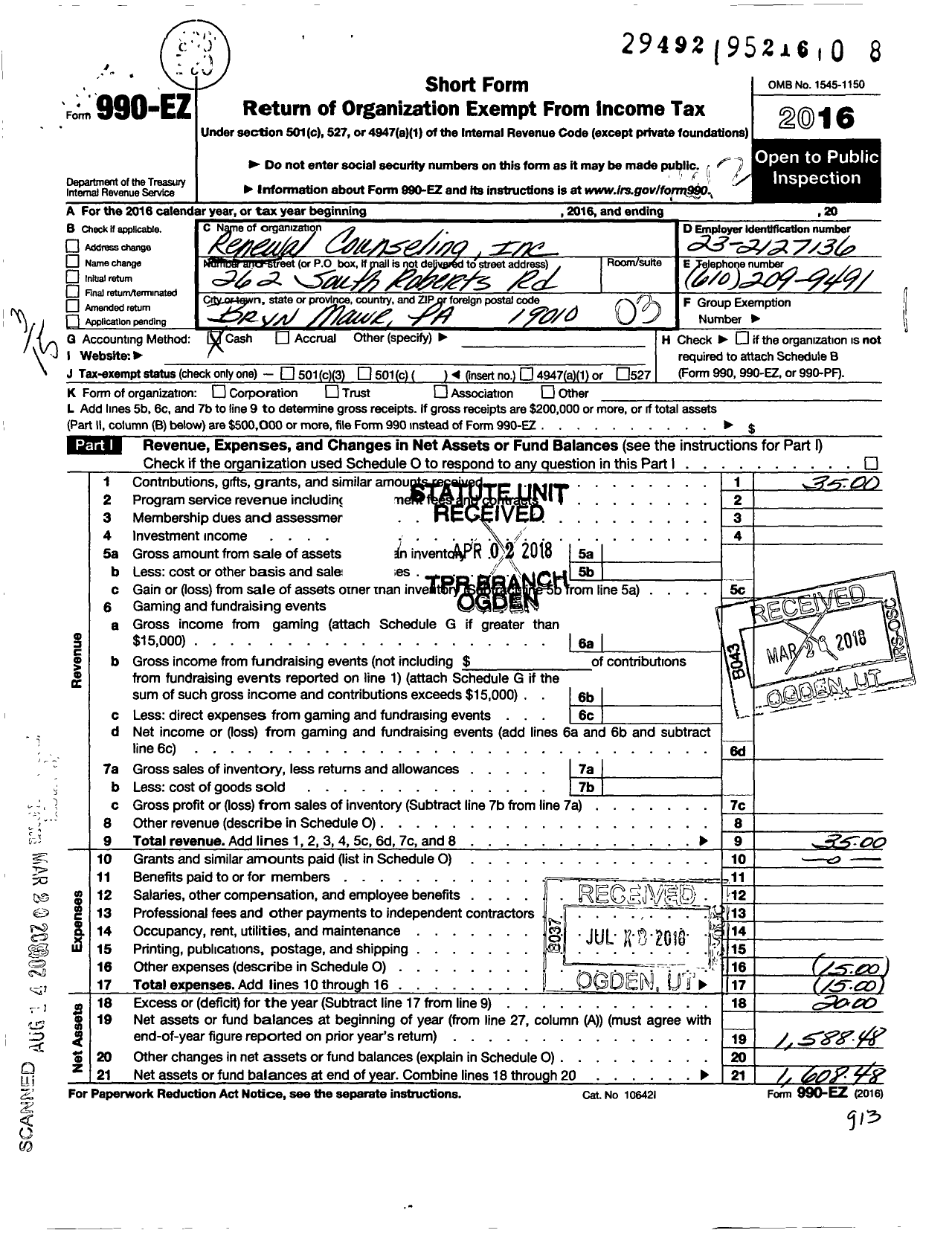 Image of first page of 2016 Form 990EZ for Renewal Counseling