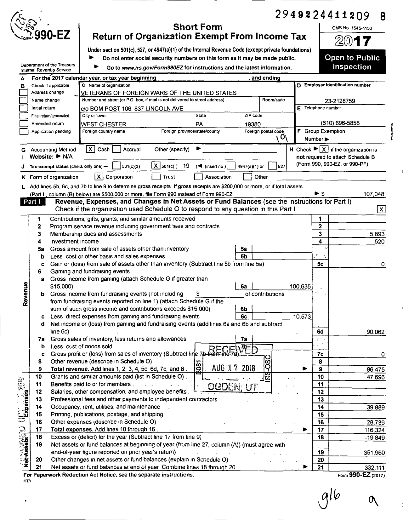 Image of first page of 2017 Form 990EO for VFW Department of Pennsylvania - 106 VFW Post