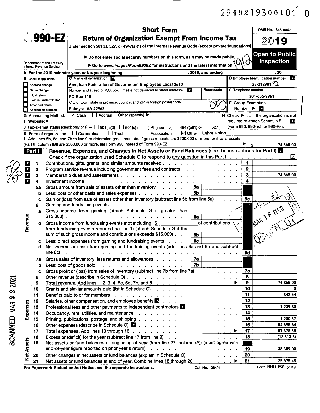 Image of first page of 2019 Form 990EO for American Federation of Government Employees - 3610 Afge Local