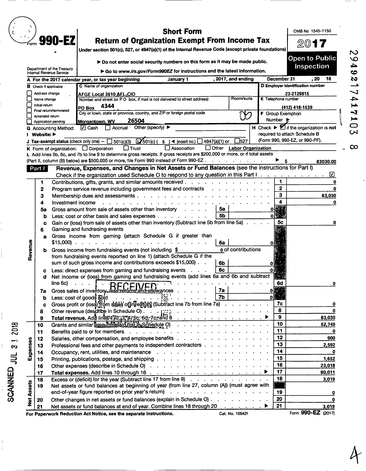 Image of first page of 2018 Form 990EO for American Federation of Government Employees - 3610 Afge Local