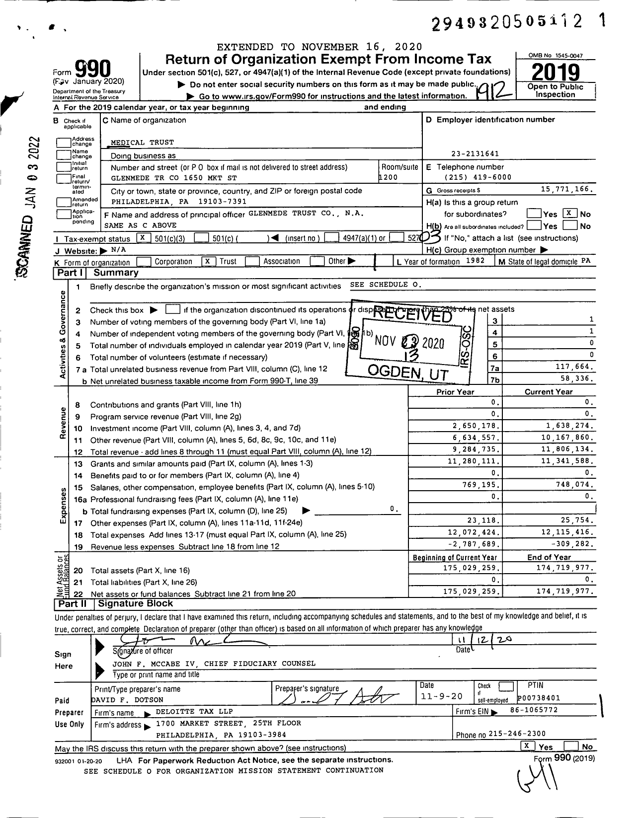 Image of first page of 2019 Form 990 for Medical Trust