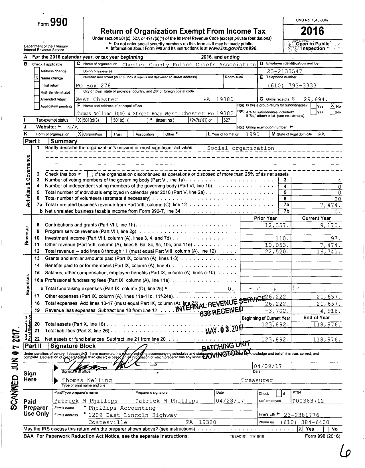 Image of first page of 2016 Form 990 for Chester County Police Chiefs Association