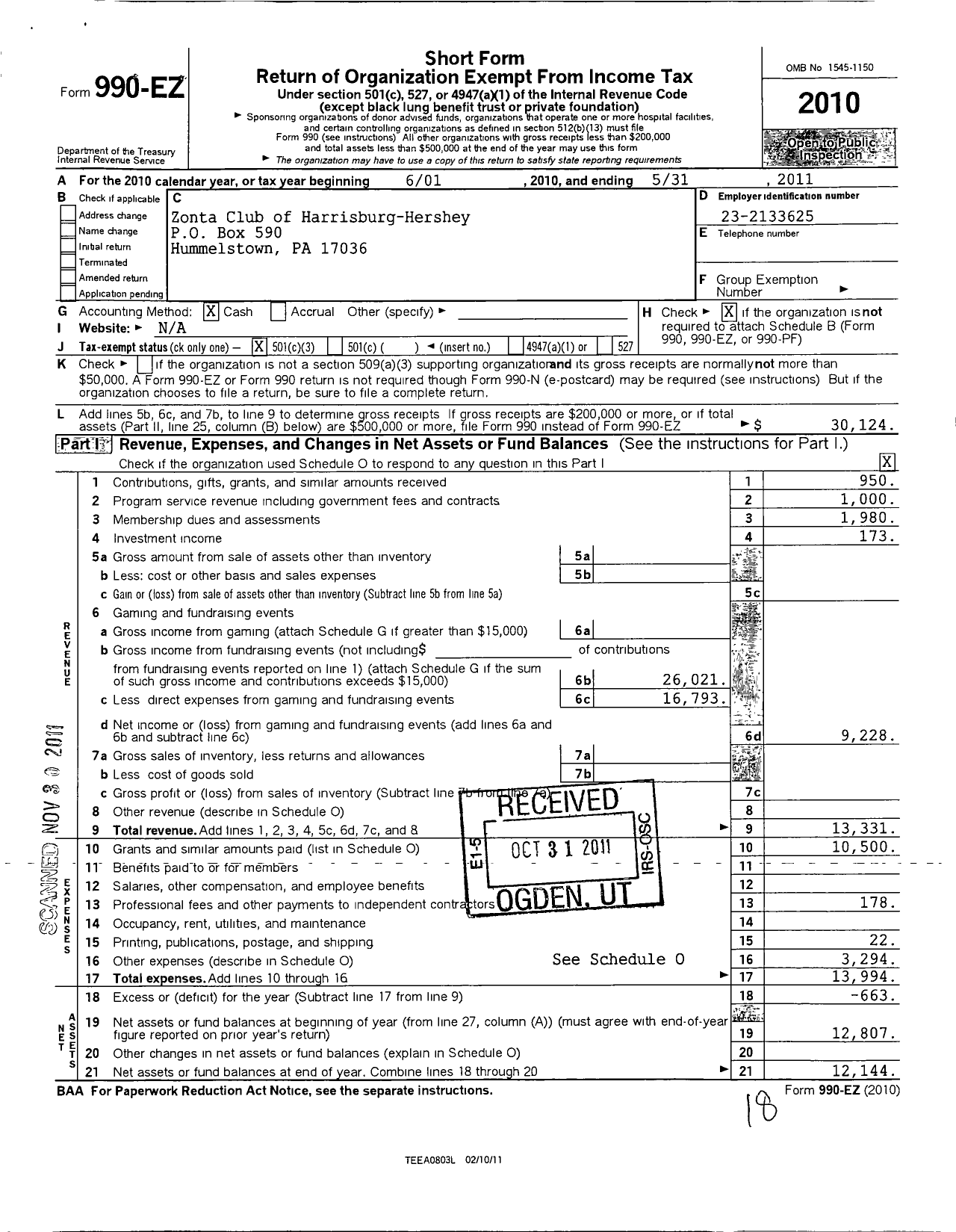 Image of first page of 2010 Form 990EZ for Zonta Club of Harrisburg-Hershey Foundation